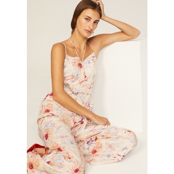 PAIGE X LIBERTY Floral Linen Sleeveless Belted Tie Neck Wide Leg Jumpsuit 4 - Picture 6 of 13
